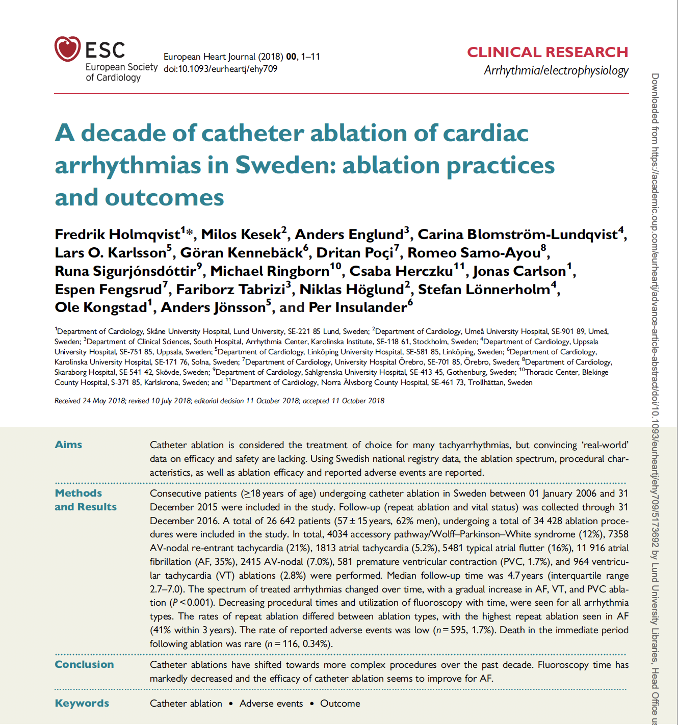 Samlad erfarenhet av 10-års ablation i Sverige i European Heart Journal