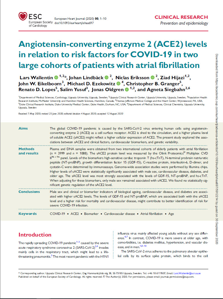 Bild förstasida studie Wallentin et al ACE2 and risk factors for COVID EHJ Sep 2020